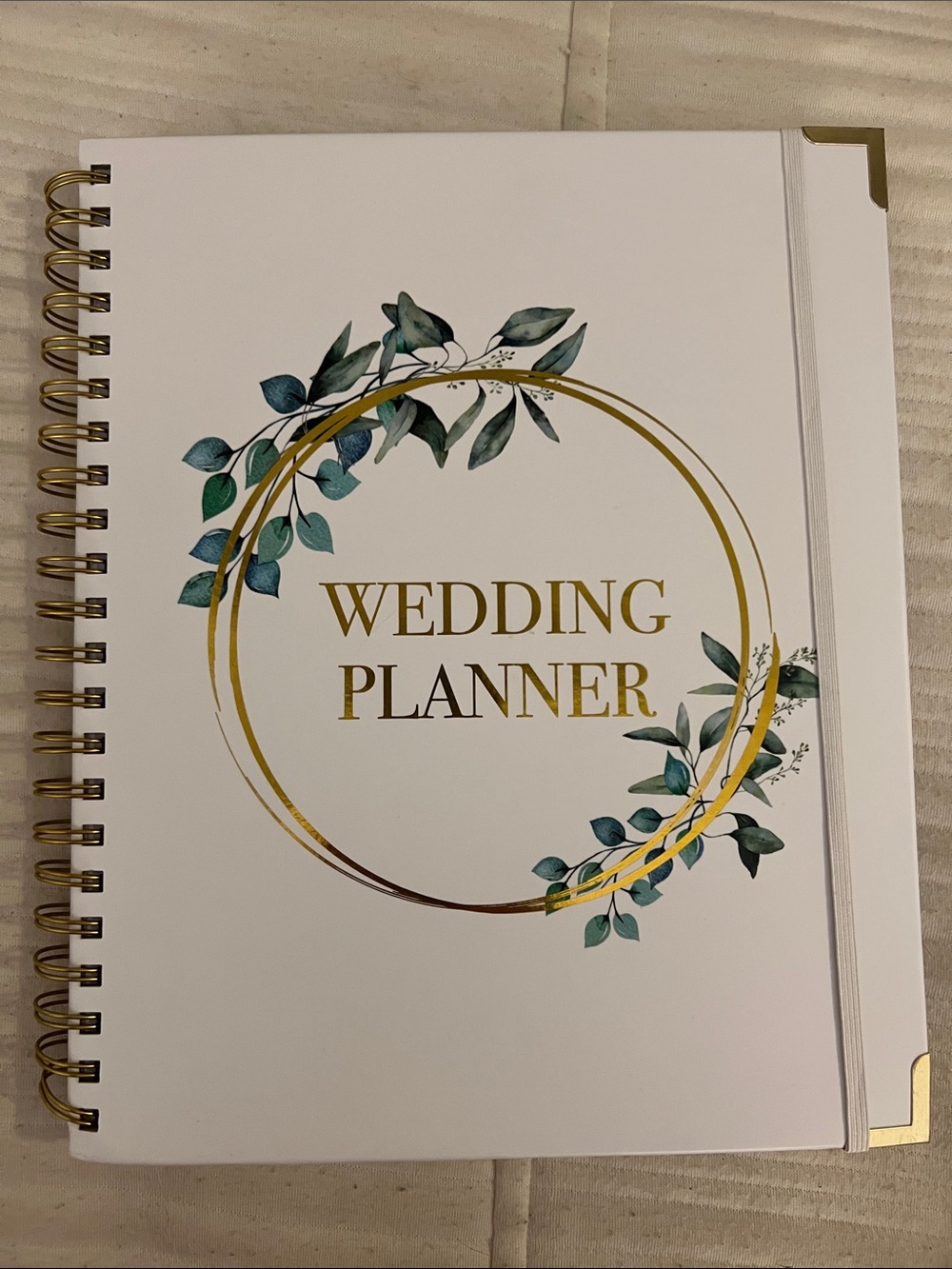 White & Gold Wedding Planner Notebook with Green Leaf Design